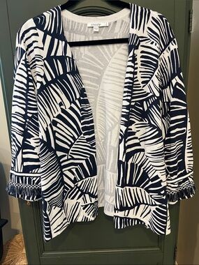 Chico's Navy and White Leaf-Pattern Open Front Cardigan
